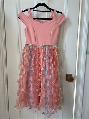 Kids Pink Off-Shoulder Party Dress with Multicolor Floral Petals